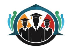 This image features a circular graphic with silhouettes of graduates in academic regalia. vector