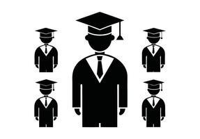 A graphic showcasing three stylized figures wearing graduation caps and gowns, seemingly positioned over open books. vector