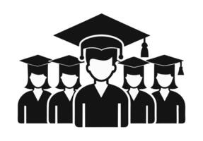 A simple, black and white silhouette icon depicts three graduates wearing academic caps and gowns, encircled by a laurel wreath. vector