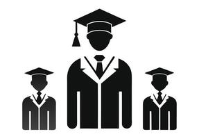A silhouette image of four graduates wearing graduation caps and gowns, positioned within a curved arch. vector