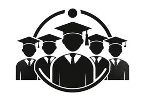 A stylized graphic of five graduating students wearing graduation caps and gowns, arranged in a circle. vector