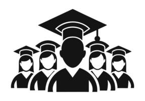 A simple, black and white icon representing a group of graduates standing under a graduation cap. vector