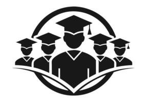 A graphic of a group of graduates in academic regalia, wearing graduation caps and gowns, arranged within an oval shape. vector