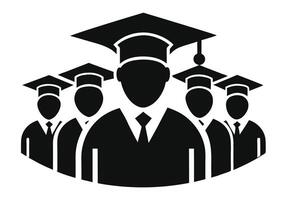 A black and white graphic of three graduating students beneath a graduation cap, encircled by a laurel wreath. vector