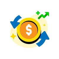 flat illustration representing reinvestment. dollar coin, a circular arrow, and an upward graph. for financial topics, business investment, profit growth strategies, and economic analysis vector