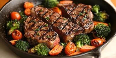 Grilled steak with broccoli and tomatoes in a skillet photo