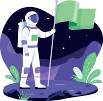 Astronaut planting flag on space flat style illustration vector