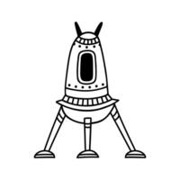 Lunar module icon. Hand drawn steel space shuttle with porthole. Spaceship for landing on the moon. UFO, alien intergalactic capsule for flight. Black and white isolated doodle, simple clipart vector