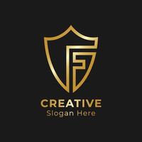 Letter f monogram golden color and shield sign combination. Shield letter F logo with glossy gold color. vector