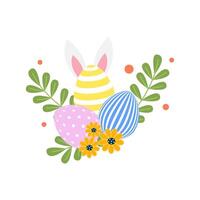 Easter Eggs with Bunny Ears Flowers and Green Leaves vector