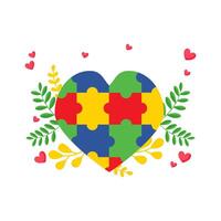 Autism Awareness Heart With Puzzle Floral Leaves And Scattered Hearts vector