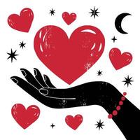 Heart held in an open hand surrounded by stars and moons in a vibrant illustration style vector