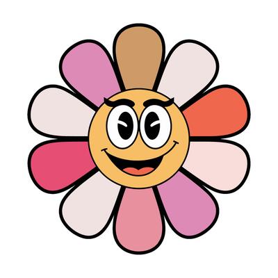 Cute retro character flower with a smiling face designed in a flat style