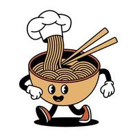 A joyful bowl of noodles features a smiling face and is adorned with a chef's hat vector
