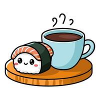 Delightful kawaii illustration featuring sushi and tea on a wooden table in flat design style vector