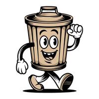 Cheerful anthropomorphic trash can character with expressive face, white gloves, and shoes walking energetically. Concept of cleanliness vector