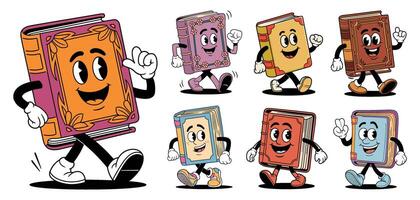 Cartoon book mascots in retro style celebrating reading with vibrant colors and expressions in cheerful poses vector