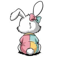 Cute bunny illustration with a bow sitting and looking back in a colorful outfit vector