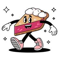 Cute retro character of a lively pie slice joyfully walking in a playful cartoon style vector