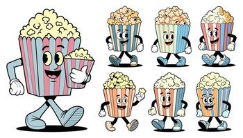 Colorful illustrations showcase fun popcorn boxes in a retro cartoon style vector