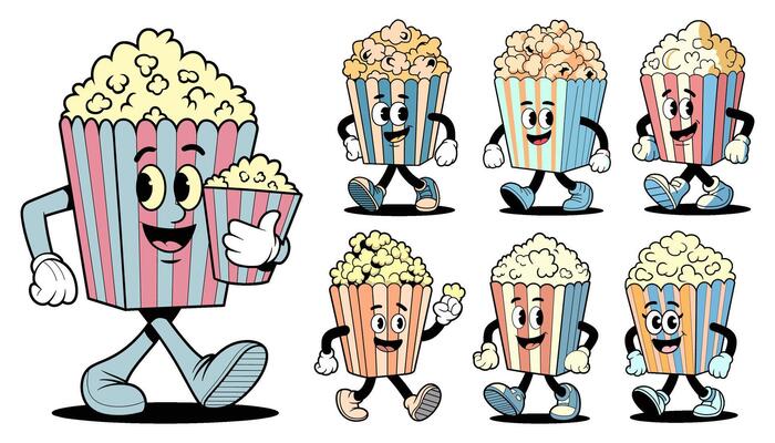 Colorful illustrations showcase fun popcorn boxes in a retro cartoon style