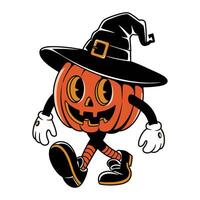 Retro pumpkin character walking in Halloween attire with playful expression and a witch's hat vector