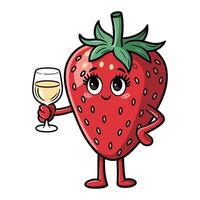 Retro strawberry character holding a glass in a fun and vibrant cartoon style with playful features vector