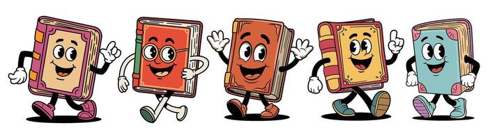 set cartoon book characters in retro groovy style enjoying a fun group walk vector