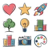 Colorful icons featuring doodled elements like rocket, heart, and light bulb in playful style vector