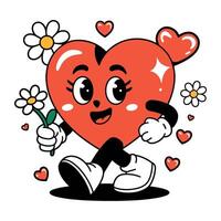 heart character happily holding flower while surrounded by hearts and daisies in playful cartoon style vector