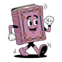 retro character of cheerful book mascot walking joyfully in a playful cartoon style vector