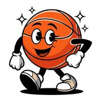 Cheerful retro basketball character walking with a smile and stylish shoes in playful cartoon style vector