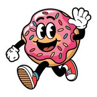 Retro cartoon donut character running joyfully with a playful expression and colorful sprinkles vector