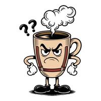 Angry coffee cup character with steam and question marks vector