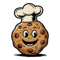doodle cartoon cookie with chef hat on it. The cookie is smiling and has chocolate chips on it vector