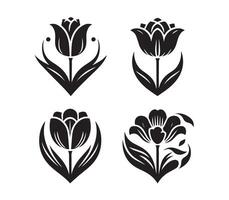 This image showcases four simple, black silhouette tulips on a clean white background. vector