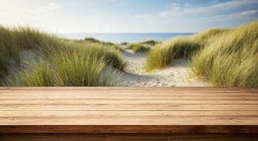 Wooden table top on blurred sea background to product display 02 photo