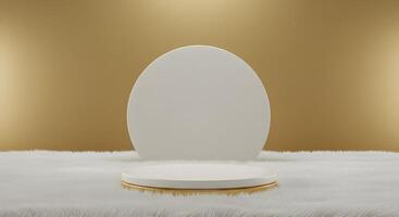 a product podium on a fur rug in front of a gold background photo