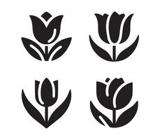 Four stylized, black-and-white tulip icons, perfect for spring-themed designs, logos, or web graphics. vector