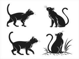 A set of six stylized black cat silhouettes in various poses. vector
