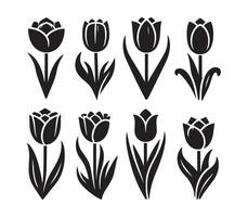 This image showcases a collection of six stylized tulip icons, rendered in solid black silhouettes against a white background. vector