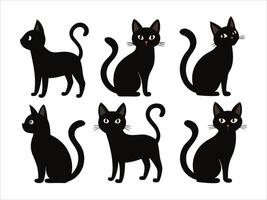 Set of six stylized black cat silhouettes in various poses. vector