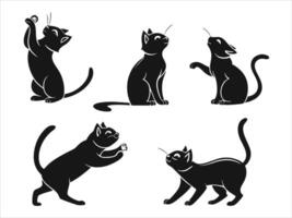 This image features a collection of five stylized black cat silhouettes. vector