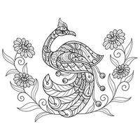 Peacock and flowers leaf hand drawn for adult coloring book vector
