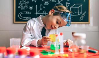 A young boy in a lab coat and glasses is working on a project photo