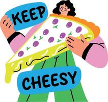Flat sticker of a character holding a pizza slice with keep cheesy typography vector
