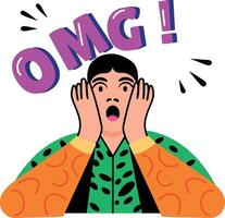 Flat sticker of a surprised character with omg expression vector