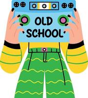 Flat sticker of a character holding a cassette tape written old school vector