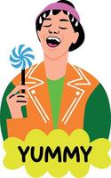 Flat typographic sticker of a character eating a lollipop saying yummy vector