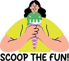 Flat sticker of a character eating ice cream with scoop the fun typography vector
